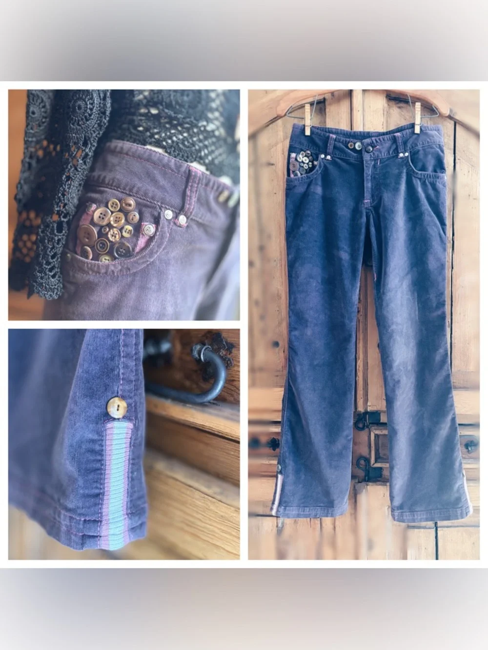 OOAK Artisan Repurposed Rocawear Plum Corduroy Flare Pants Vintage Buttons - Picture 12 of 13